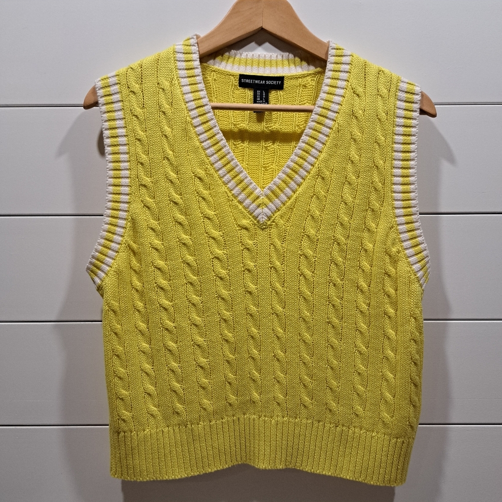 Yellow w/White Trim Cable Knit Academia Preppy Collegiate Sweater Vest Womens L
